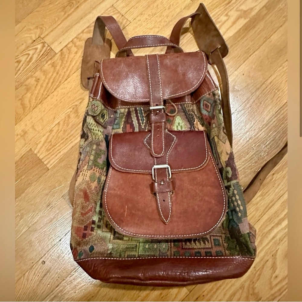 Vintage Leather and Patterned Fabric Backpack - Picture 3 of 8